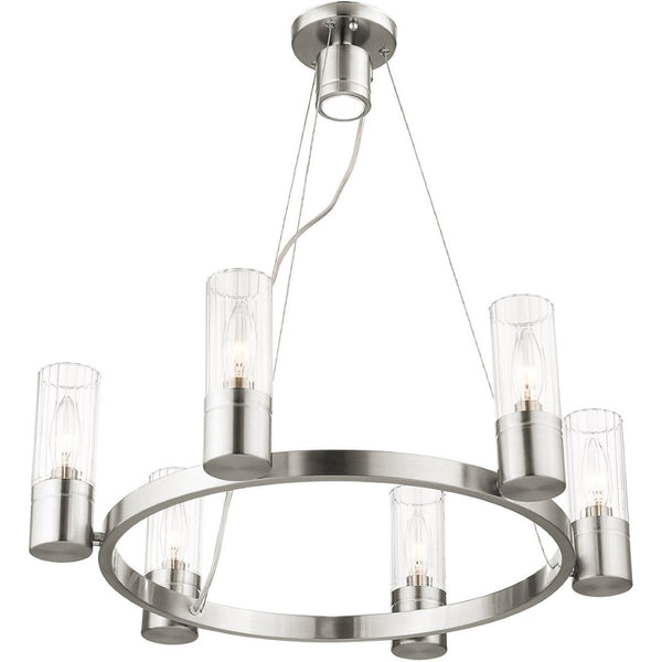 HomeRoots Nickel Modern Six-Light Dimmable Chandelier with Cylinder Shades for Elegant Home Lighting Decor 687615