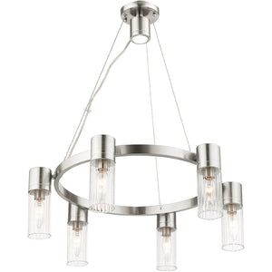 HomeRoots Nickel Modern Six-Light Dimmable Chandelier with Cylinder Shades for Elegant Home Lighting Decor 687615