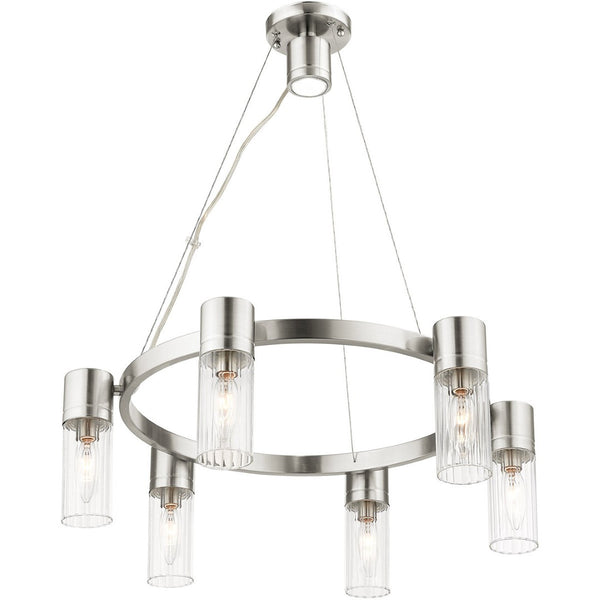 HomeRoots Nickel Modern Six-Light Dimmable Chandelier with Cylinder Shades for Elegant Home Lighting Decor 687615