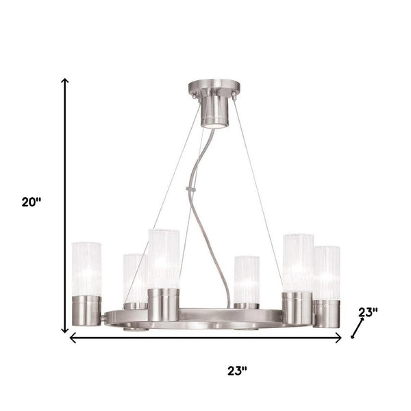 HomeRoots Nickel Modern Six-Light Dimmable Chandelier with Cylinder Shades for Elegant Home Lighting Decor 687615