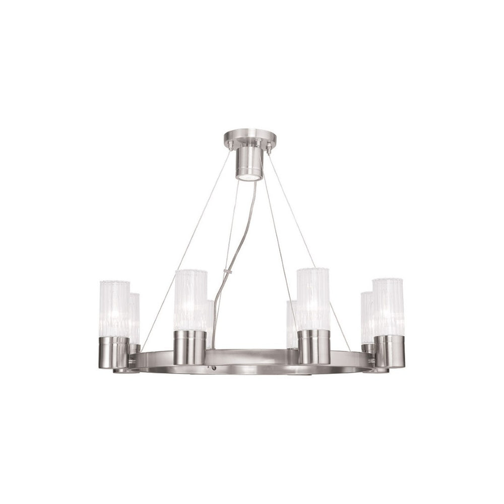 HomeRoots Nickel Dimmable Eight-Light Chandelier - Elegant Metal Design with Cylinder Shades for Any Room 687616