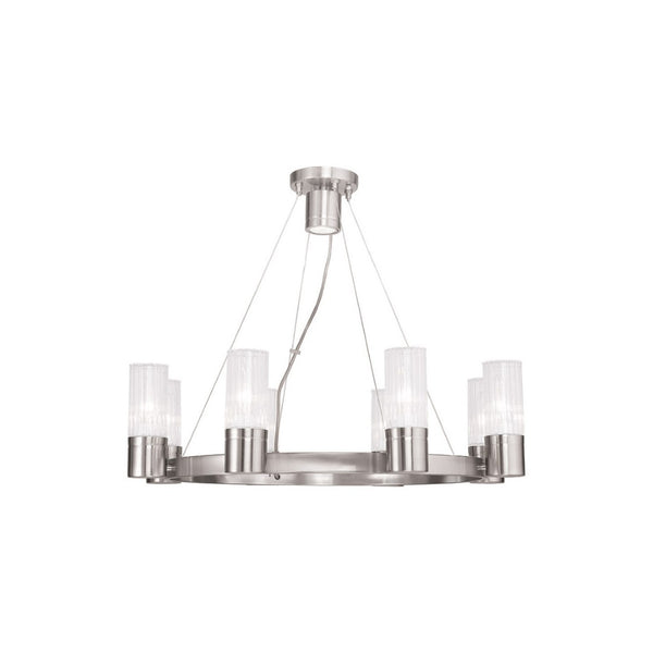 HomeRoots Nickel Dimmable Eight-Light Chandelier - Elegant Metal Design with Cylinder Shades for Any Room 687616
