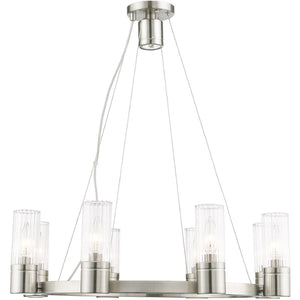 HomeRoots Nickel Dimmable Eight-Light Chandelier - Elegant Metal Design with Cylinder Shades for Any Room 687616