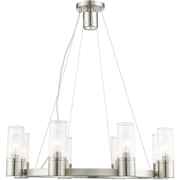 HomeRoots Nickel Dimmable Eight-Light Chandelier - Elegant Metal Design with Cylinder Shades for Any Room 687616
