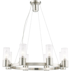 HomeRoots Nickel Dimmable Eight-Light Chandelier - Elegant Metal Design with Cylinder Shades for Any Room 687616