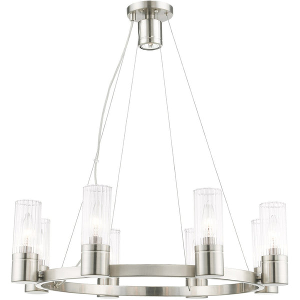 HomeRoots Nickel Dimmable Eight-Light Chandelier - Elegant Metal Design with Cylinder Shades for Any Room 687616