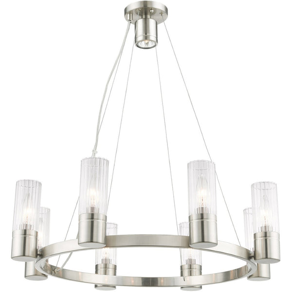 HomeRoots Nickel Dimmable Eight-Light Chandelier - Elegant Metal Design with Cylinder Shades for Any Room 687616