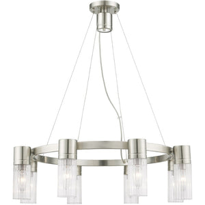 HomeRoots Nickel Dimmable Eight-Light Chandelier - Elegant Metal Design with Cylinder Shades for Any Room 687616