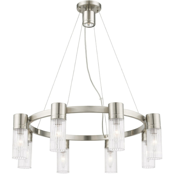 HomeRoots Nickel Dimmable Eight-Light Chandelier - Elegant Metal Design with Cylinder Shades for Any Room 687616
