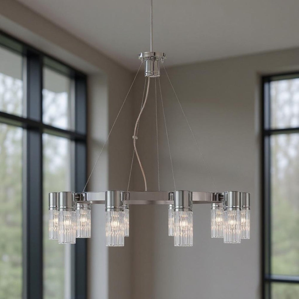 HomeRoots Ten Light Dimmable Chandelier with Sleek Cylindrical Shades for Modern Spaces & Customizable Ambiance 687617