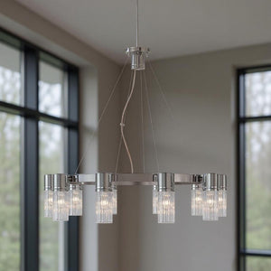 HomeRoots Ten Light Dimmable Chandelier with Sleek Cylindrical Shades for Modern Spaces & Customizable Ambiance 687617