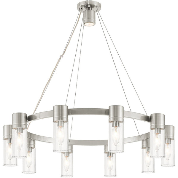 HomeRoots Nickel Elegant 10-Light Metal Dimmable Chandelier with Cylinder Shades for Modern Home Décor 687618