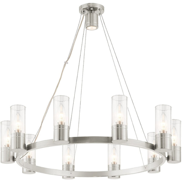 HomeRoots Nickel Elegant 10-Light Metal Dimmable Chandelier with Cylinder Shades for Modern Home Décor 687618