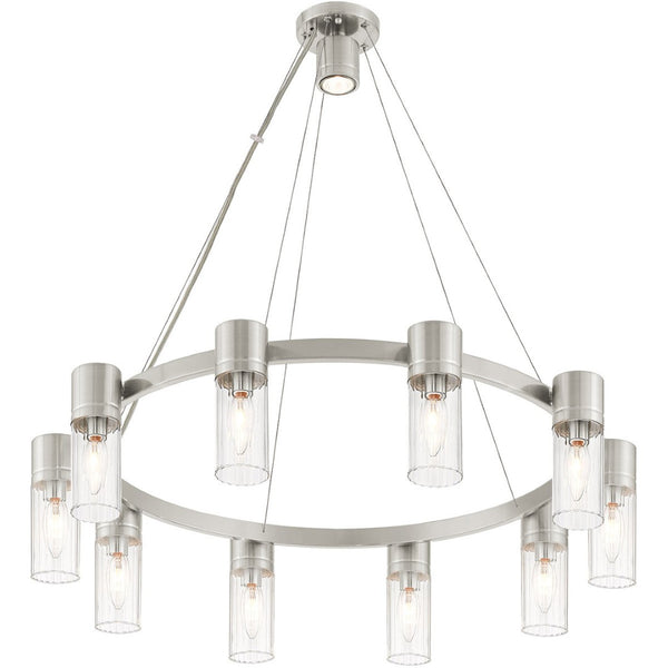 HomeRoots Nickel Elegant 10-Light Metal Dimmable Chandelier with Cylinder Shades for Modern Home Décor 687618