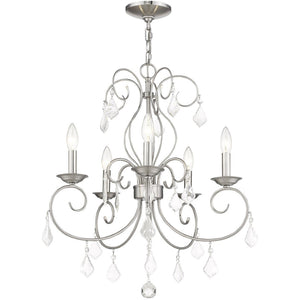 HomeRoots Five Light Dimmable Chandelier with Sleek Cylindrical Shades for Modern Elegance & Warm Ambiance 687621