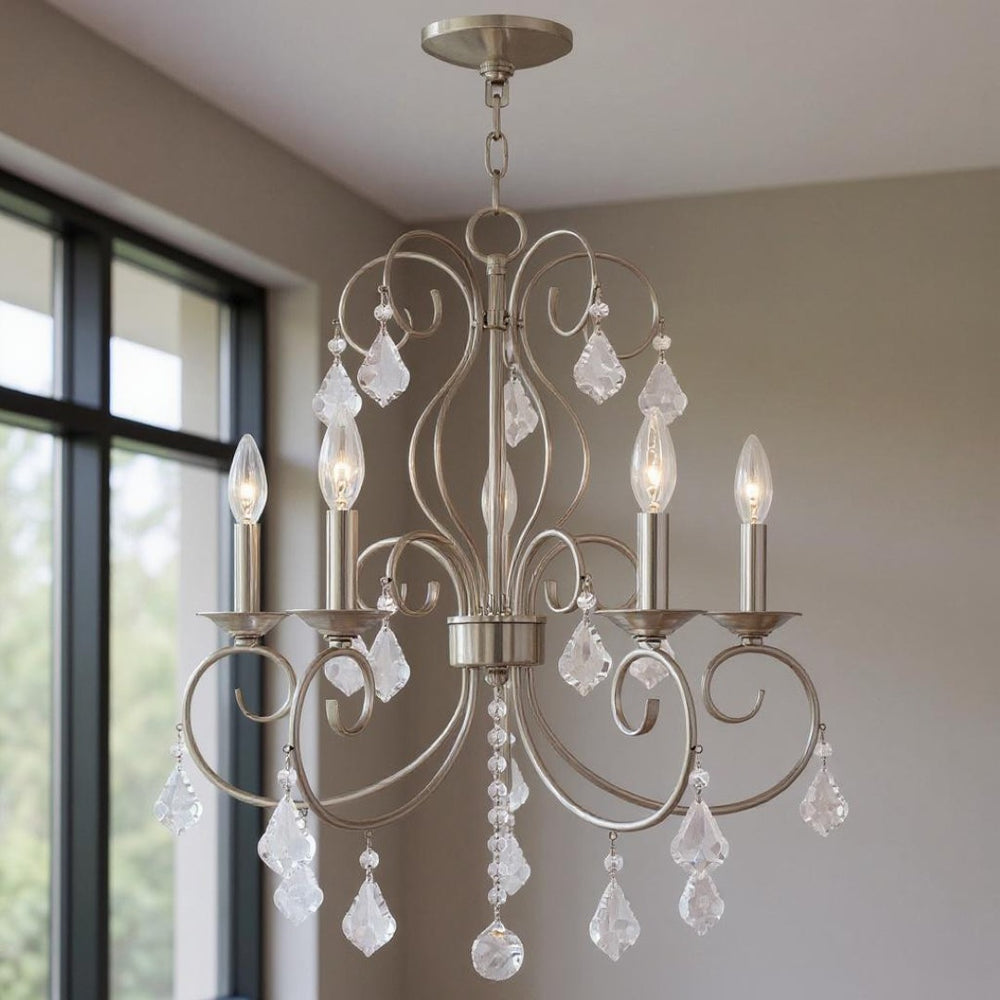 HomeRoots Five Light Dimmable Chandelier with Sleek Cylindrical Shades for Modern Elegance & Warm Ambiance 687621