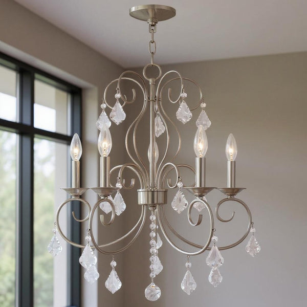 HomeRoots Five Light Dimmable Chandelier with Sleek Cylindrical Shades for Modern Elegance & Warm Ambiance 687621