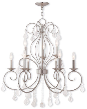 HomeRoots Nickel Nine-Light Metal Chandelier with Dimmable Function, Clear Accents & Elegant Cylinder Shades 687622