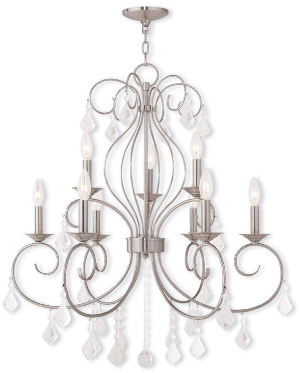 HomeRoots Nickel Nine-Light Metal Chandelier with Dimmable Function, Clear Accents & Elegant Cylinder Shades 687622