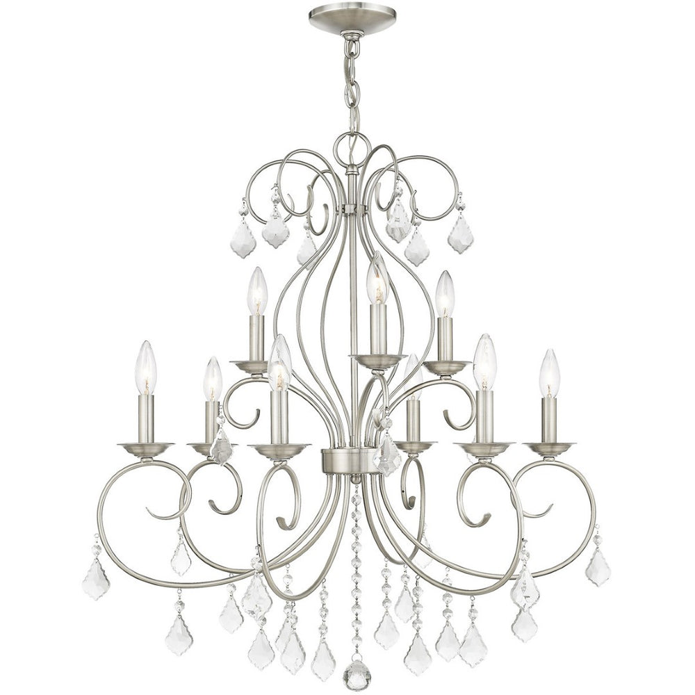 HomeRoots Nickel Nine-Light Metal Chandelier with Dimmable Function, Clear Accents & Elegant Cylinder Shades 687622