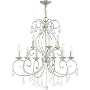 HomeRoots Nickel Nine-Light Metal Chandelier with Dimmable Function, Clear Accents & Elegant Cylinder Shades 687622