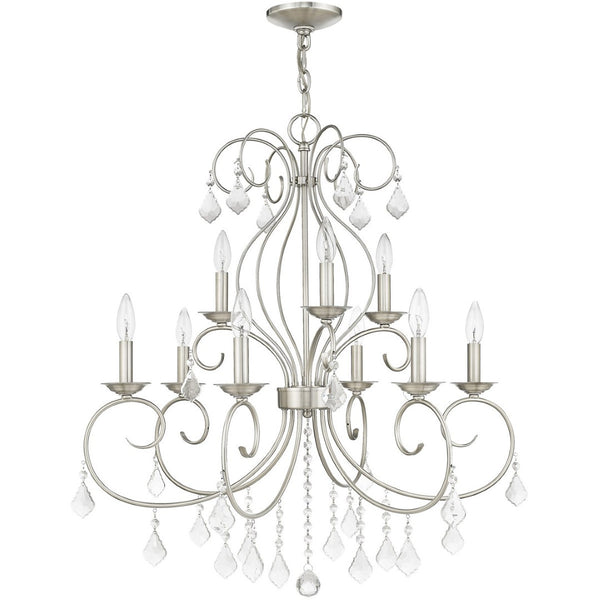 HomeRoots Nickel Nine-Light Metal Chandelier with Dimmable Function, Clear Accents & Elegant Cylinder Shades 687622