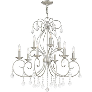 HomeRoots Nickel Nine-Light Metal Chandelier with Dimmable Function, Clear Accents & Elegant Cylinder Shades 687622