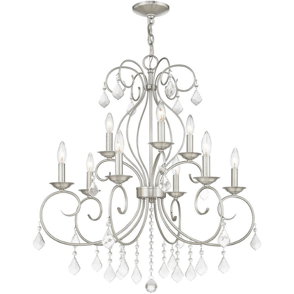 HomeRoots Nickel Nine-Light Metal Chandelier with Dimmable Function, Clear Accents & Elegant Cylinder Shades 687622