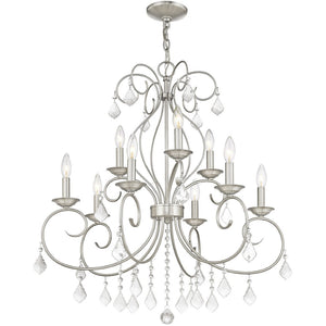 HomeRoots Nickel Nine-Light Metal Chandelier with Dimmable Function, Clear Accents & Elegant Cylinder Shades 687622