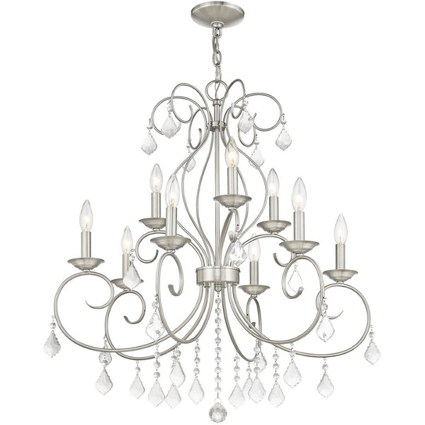 HomeRoots Nickel Nine-Light Metal Chandelier with Dimmable Function, Clear Accents & Elegant Cylinder Shades 687622