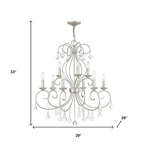 HomeRoots Nickel Nine-Light Metal Chandelier with Dimmable Function, Clear Accents & Elegant Cylinder Shades 687622