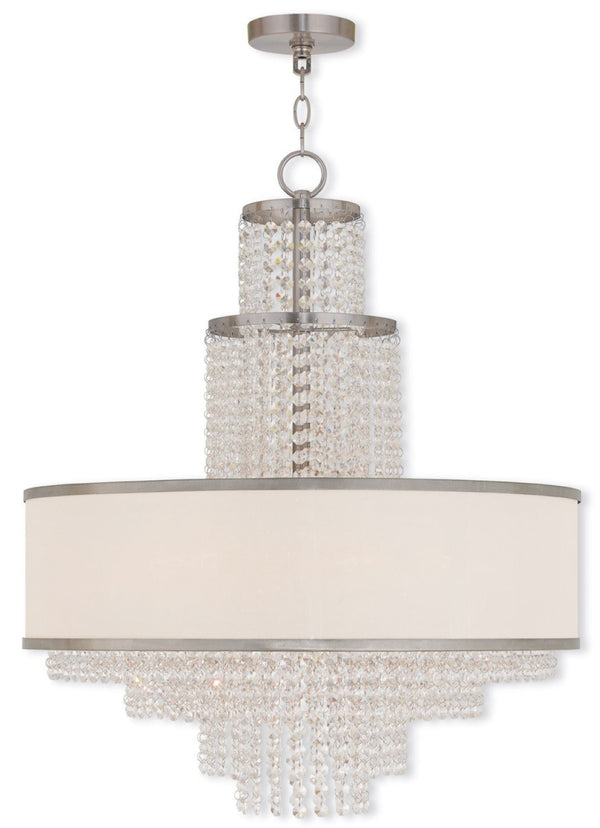 HomeRoots Nickel Elegant Six-Light Dimmable Chandelier with Off-White Shades for a Timeless Glow in Any Room 687632