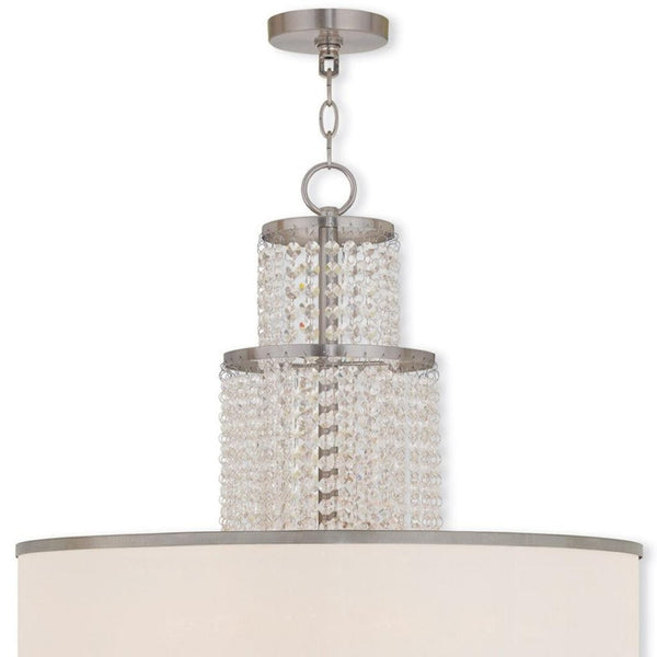 HomeRoots Nickel Elegant Six-Light Dimmable Chandelier with Off-White Shades for a Timeless Glow in Any Room 687632