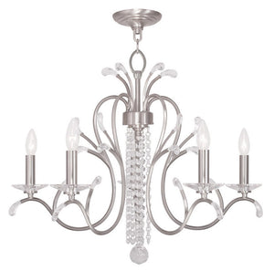 HomeRoots Nickel Five-Light Dimmable Chandelier with Cylinder Shades - Modern Elegance for Any Space 687642