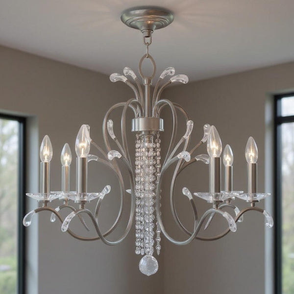 HomeRoots Nickel Five-Light Dimmable Chandelier with Cylinder Shades - Modern Elegance for Any Space 687642