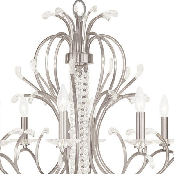 HomeRoots Nickel Eight-Light Dimmable Chandelier with Cylindrical Shades - Modern Elegance for Any Space 687648