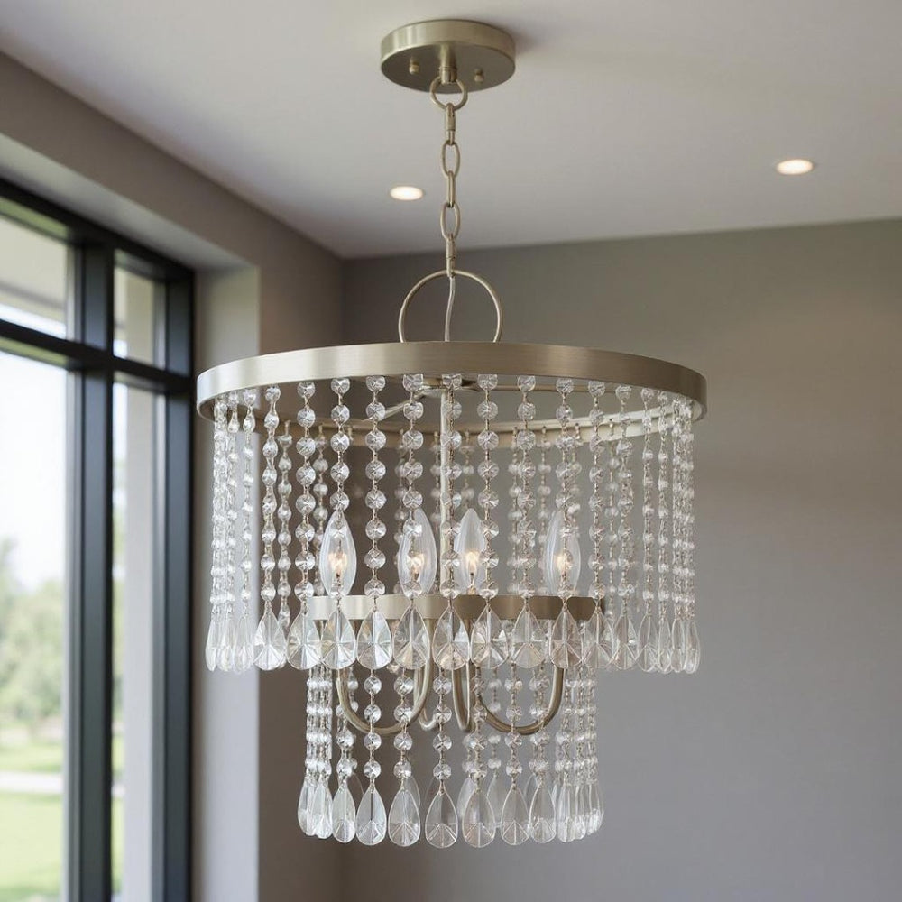 HomeRoots Four Light Dimmable Chandelier with Stylish Cylindrical Shades for Modern Ambiance & Versatility 687653