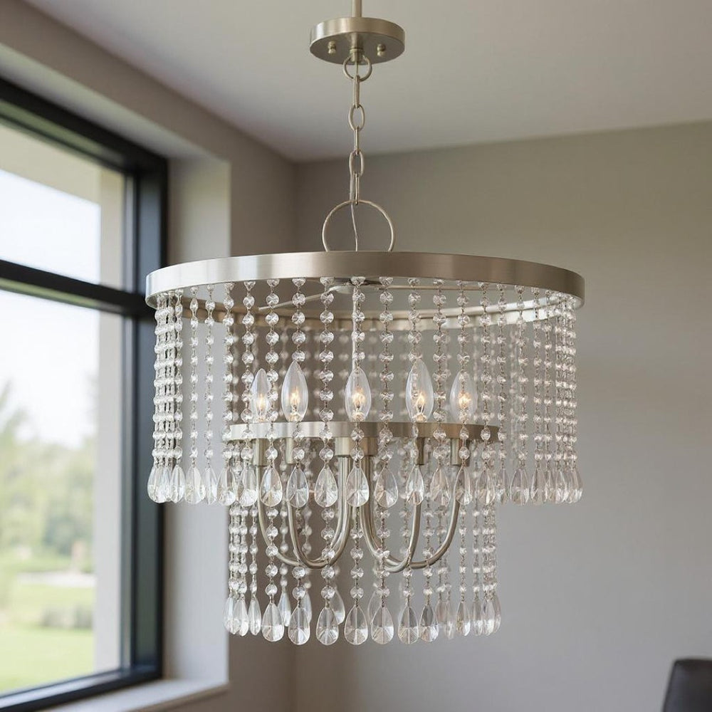 HomeRoots Five Light Dimmable Chandelier - Modern Cylinder Shades, Adjustable Brightness, Stylish Steel Design 687654