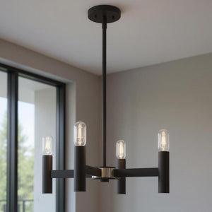HomeRoots Black Four-Light Dimmable Chandelier with Unique Cylinder Shades for Modern Home Elegance 687665