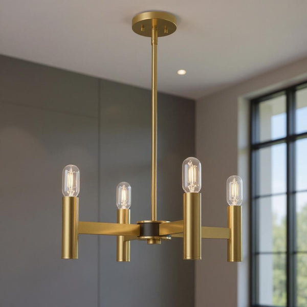 HomeRoots Four Light Dimmable Chandelier with Sleek Cylinder Shades for Modern Spaces and Adjustable Illumination 687666