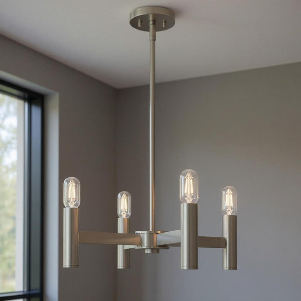 HomeRoots Four Light Dimmable Chandelier with Elegant Cylindrical Shades - Modern Ambient Lighting Fixture 687667