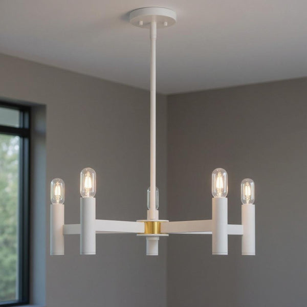 HomeRoots White Five-Light Dimmable Chandelier with Cylindrical Shades - Modern Illumination for Any Space 687668