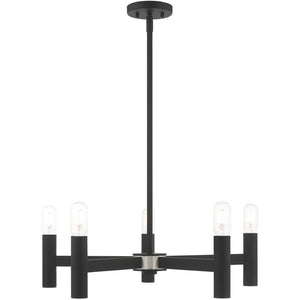 HomeRoots Black Five-Light Dimmable Chandelier – Modern Design with Cylinder Shades for Stylish Illumination 687669