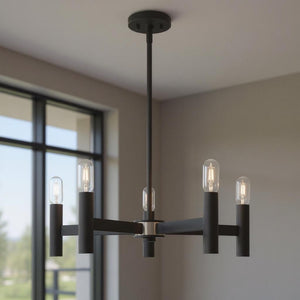 HomeRoots Black Five-Light Dimmable Chandelier – Modern Design with Cylinder Shades for Stylish Illumination 687669