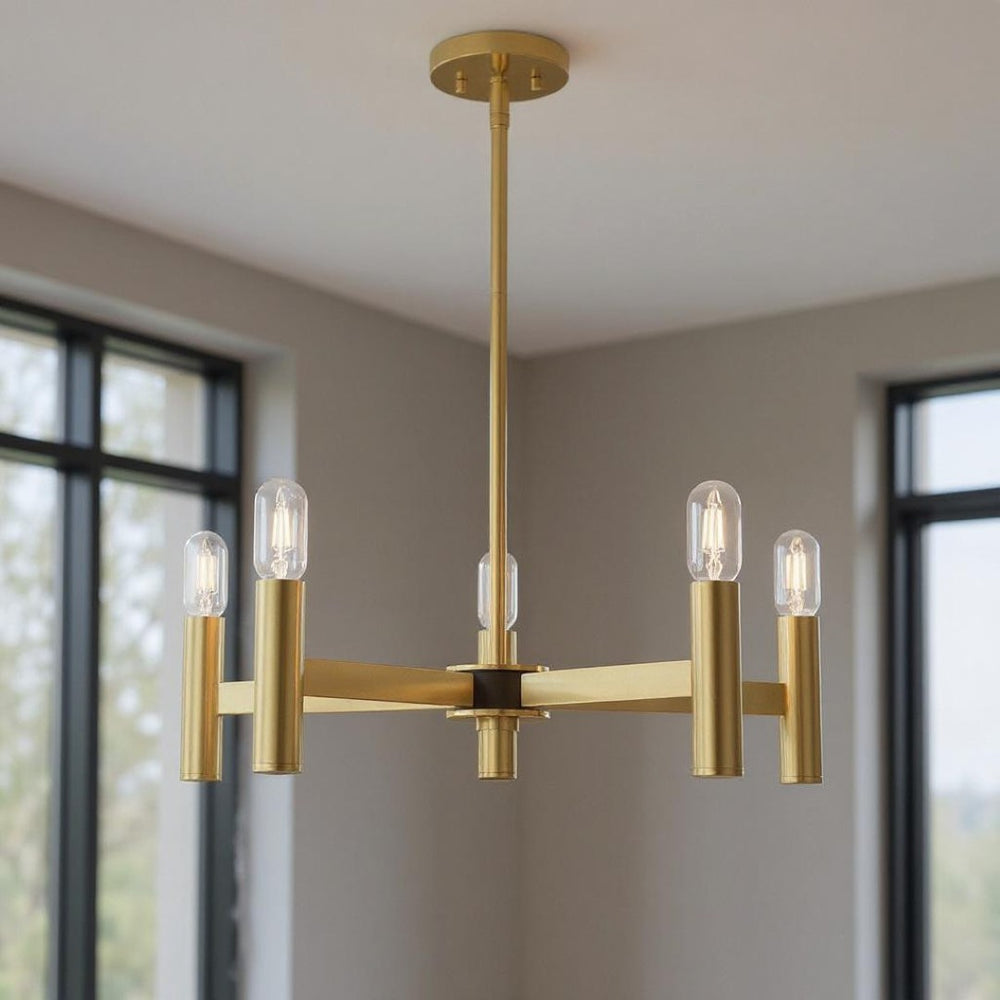 HomeRoots Five Light Dimmable Chandelier with Unique Cylinder Shades for Modern Interior Ambiance & Style 687670