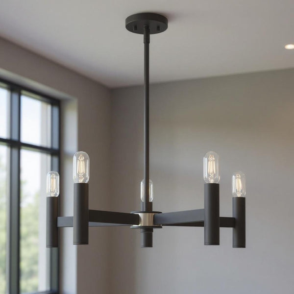HomeRoots Five Light Dimmable Chandelier - Modern Cylindrical Shades for Stylish, Adjustable Illumination 687671