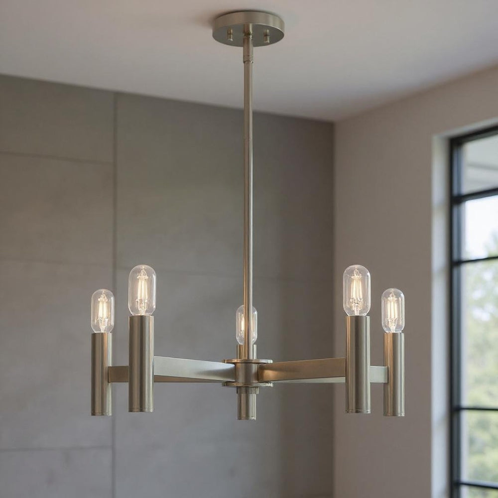 HomeRoots Five Light Dimmable Chandelier - Modern Cylinder Shades for Elegant Ambiance in Any Room 687673