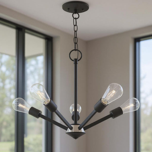 HomeRoots Five Light Dimmable Chandelier with Cylinder Shades - Modern Elegance for Any Room Decor 687679