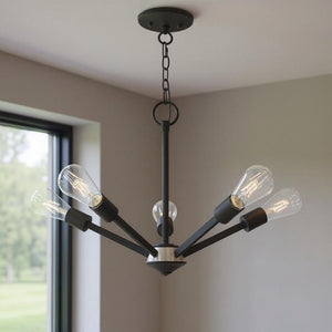 HomeRoots Black Five-Light Dimmable Chandelier with Cylinder Shades for Modern Elegance in Any Space 687680
