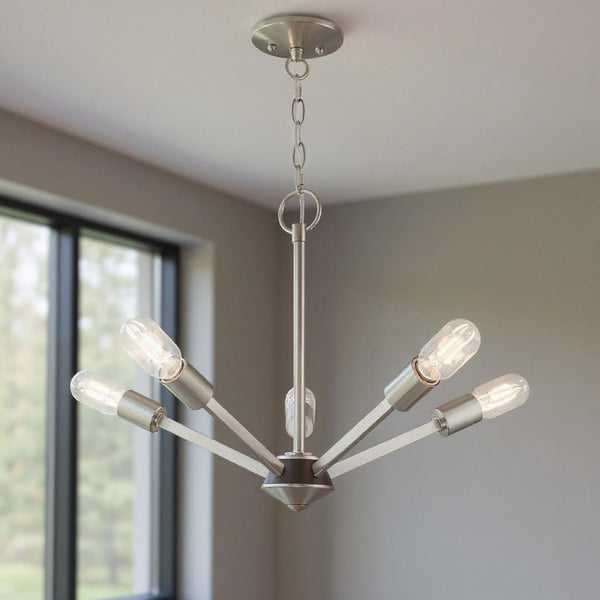 HomeRoots Five Light Dimmable Chandelier - Modern Steel Shades for Dining Rooms, Living Areas & Versatile Style 687681